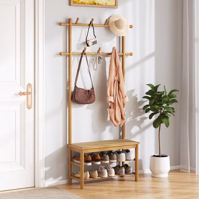 COSTWAY Rustic Bamboo Hall Tree with Bench and Dual Hook and Rail Matrix in Brown and Beige