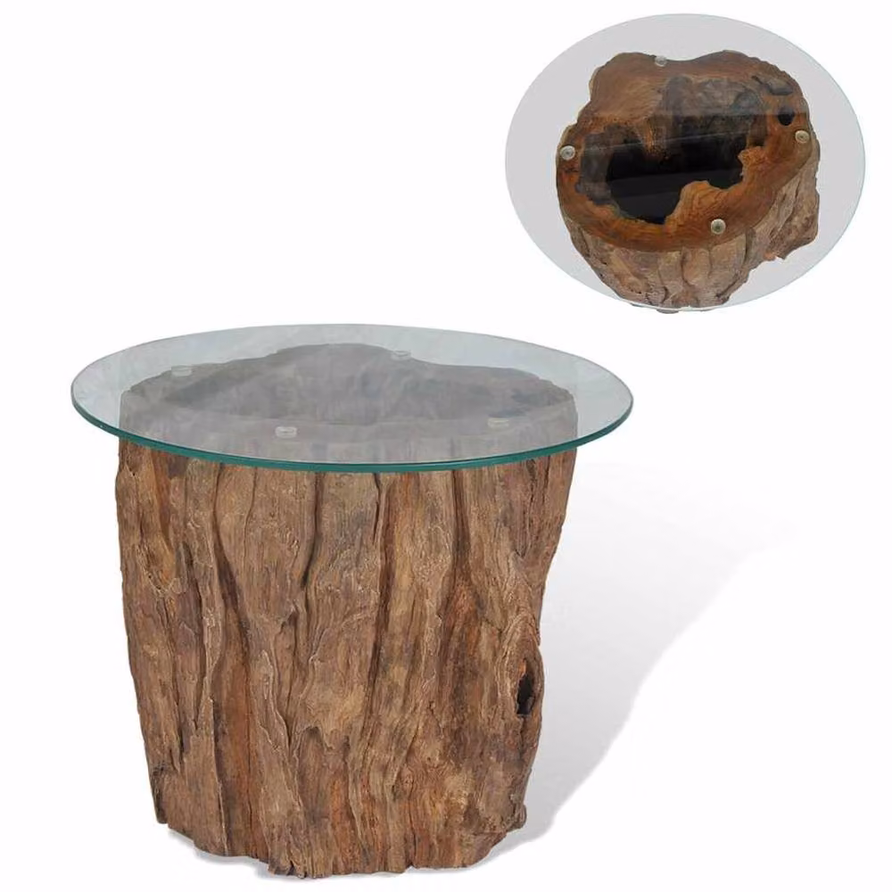 Berkfield Home Round Teak and Glass Coffee Table, Brown, W: 50 cm, D: 40 cm – 2