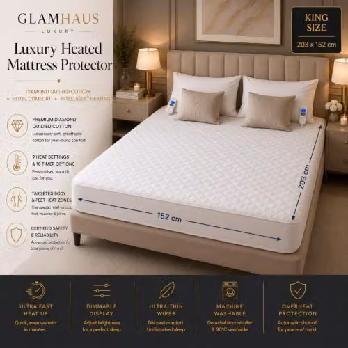 GlamHaus King Size Dual Control Electric Fitted Mattress Underblanket in White with Elasticated Skirt, W/D/H: 180 x 200 cm – 2