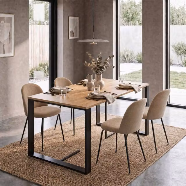 FWStyle Willow Oak Dining Table and 4 Mustard Yellow Dining Chairs Set, W: 140 cm, D: 80 cm