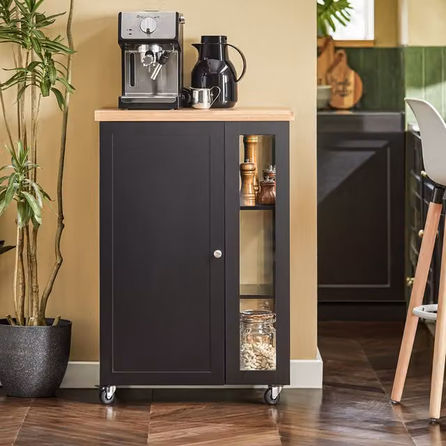 SoBuy Modern Compact Kitchen Trolley Storage Unit with Hinged Doors and Internal Shelves in Black