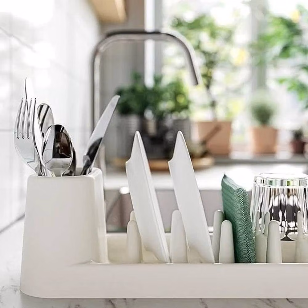 VOGREX Slim Compact Countertop Dish Drainer with Drip Tray in White and Beige Plastic – 3