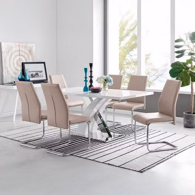 FurnitureboxUK Atlanta Modern Rectangular High Gloss White Dining Table and 6 Lorenzo Chairs Set in Beige – 1