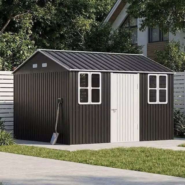 Breeins Metal Garden Storage Shed with Apex Roof and Single Door, Anthracite, W: 365.76 cm, D: 304.8 cm, H: 243.84 cm