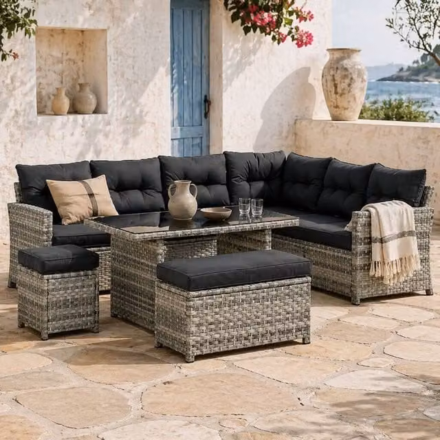Wyld Haus Sakale 9 Seater Garden Sofa Set in Mixed Grey Rattan with Glass Coffee Table – 1