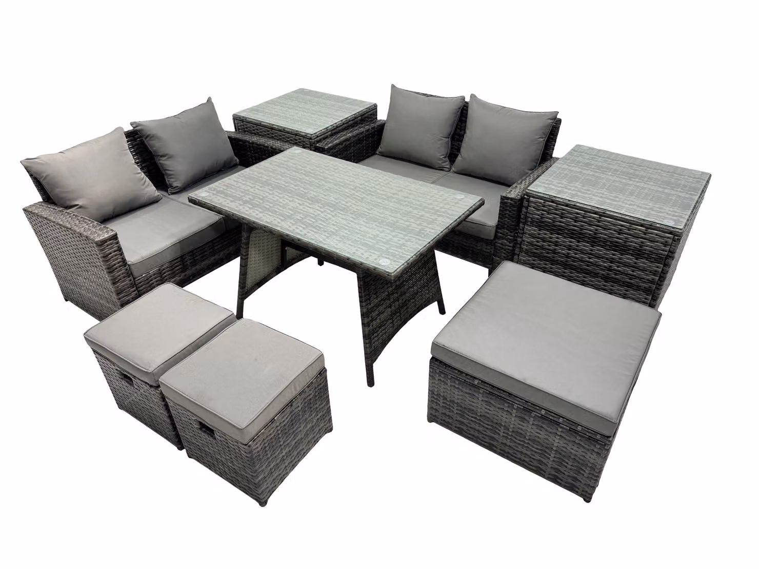 Fimous 7 Seater Outdoor Dining Set with Double Seat Sofa, 3 Stools and 2 Side Tables in Dark Grey – 2