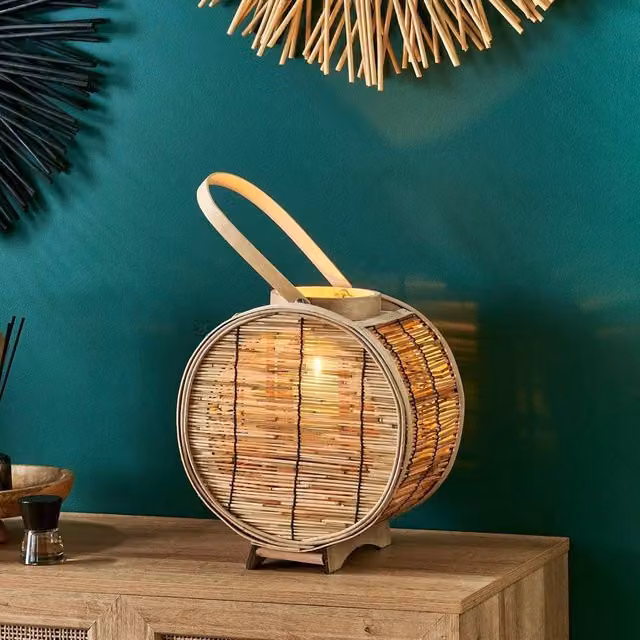 Wyld and Coco Natural Rattan Lantern with Glass Candle Holder, Brown, Diameter: 30 cm – 1