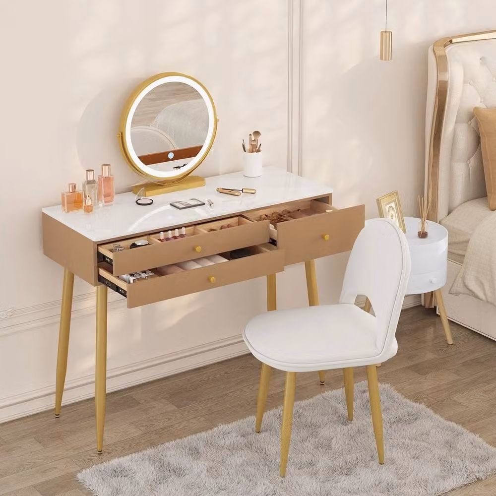 FORGEVIO Modern Dressing Table Set in Beige, Gold and White – 2