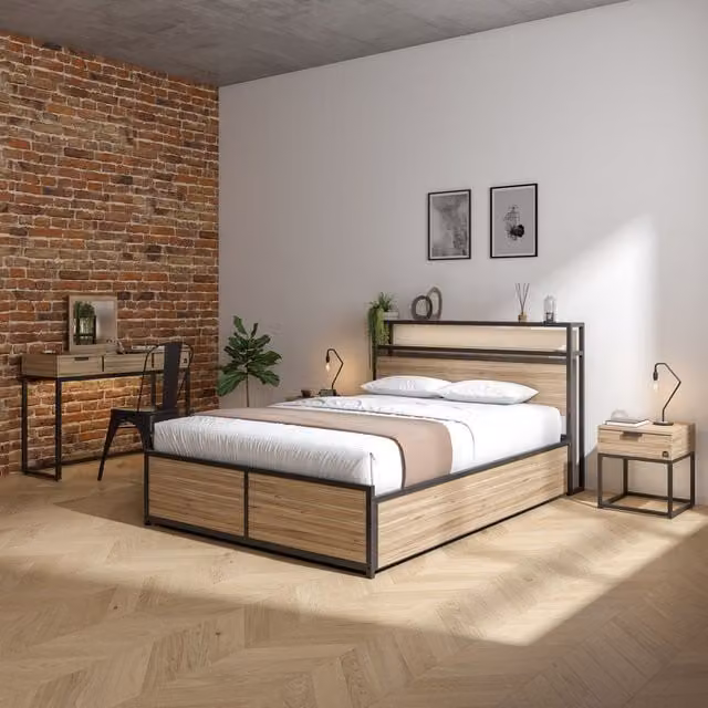 X Rocker Denver Double Ottoman Bed Frame with RGB LED Lighting and Wireless Charging in Oak and Black, W/D/H: 140 x 200 x 137.16 cm – 1