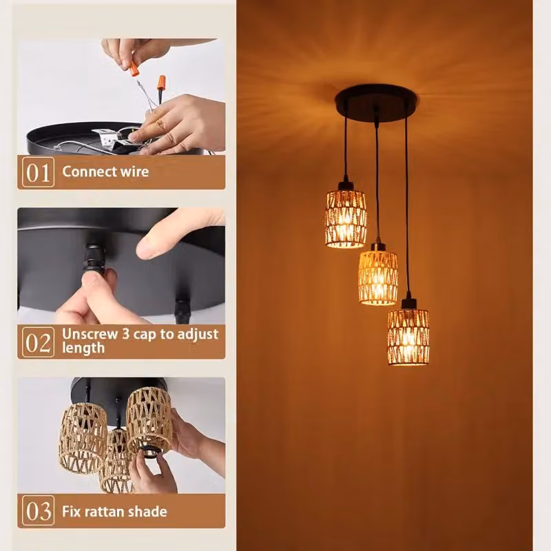 Garwarm 3-Light Rattan Farmhouse Cluster Pendant Light in Natural Brown – 6