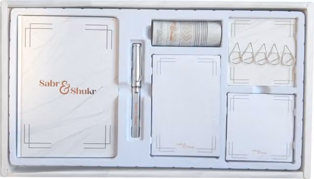 Peacock Supplies Sabr Shukr Marble Stationery Gift Set in White and Gold with Hardcover Paper