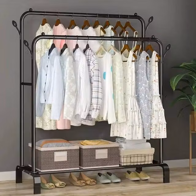 FORGEVIO Heavy Duty Double Clothes Rail Rack Garment Hanging Stand in Matt Black – 1