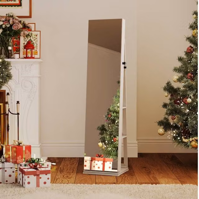 Costway Freestanding White Jewelry Storage Cabinet with LED Lighting, Mirror and Lock – 1