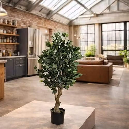 Leaf Artificial Evergreen Ficus Tree in Green and Black, H 110 cm x W 55 cm x D 25 cm – 2