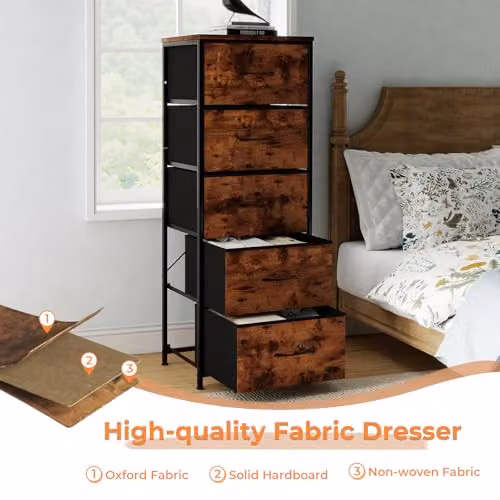 Levede 5 Drawer Fabric Chest of Drawers with Metal Frame in Brown – 7