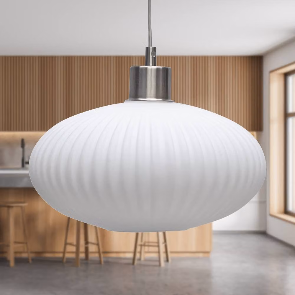 First Choice Lighting Set of 2 Modern Round Suspended Kitchen and Dining Ceiling Lights in Silver and White Glass – 2