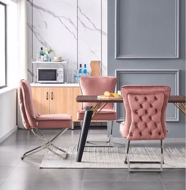 Trafalgar Cosmo LUX Modern Rectangular Dining Set with Table and 4 Upholstered Chairs in Pink, Black and Gold
