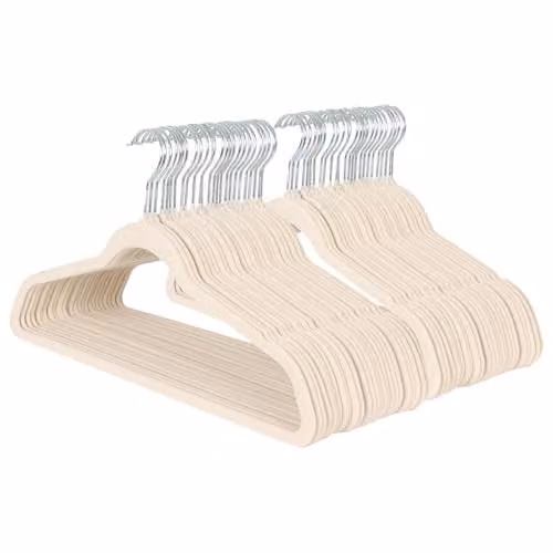 Harbour Housewares Non-Slip Velvet Flocked Clothes Hangers with Trouser Bar in Beige, Pack of 50 – 1