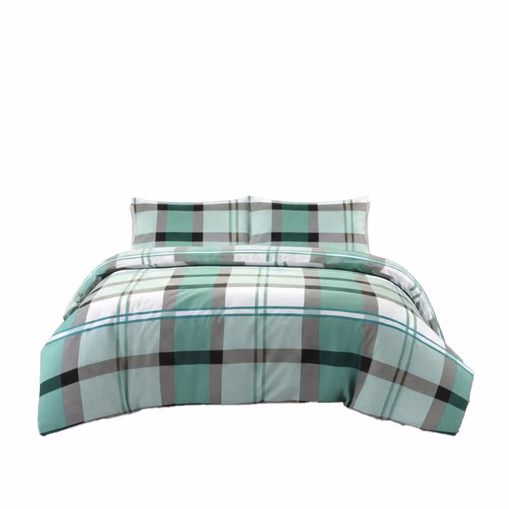 Snug City Double Duvet Cover and Pillowcase Set in Green Checked Polycotton Linen, W: 140 cm, H: 200 cm – 2