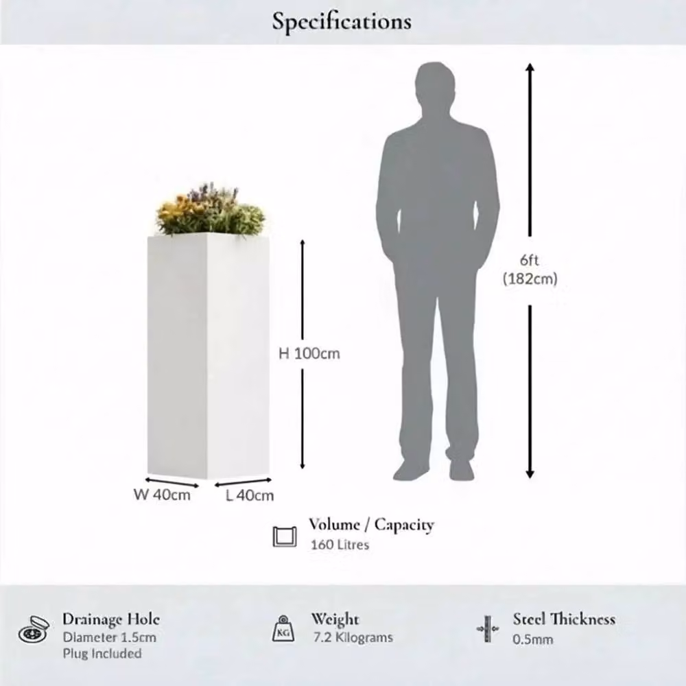 Access Garden Products Tall Square Matte White Galvanised Steel Planter, W/D/H: 40 x 40 x 100 cm – 9