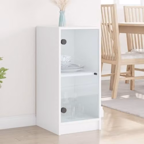 vidaXL Modern White Side Cabinet with Glass Doors and Internal Shelves, W/D/H: 75.5 x 37.0 x 35.0 cm