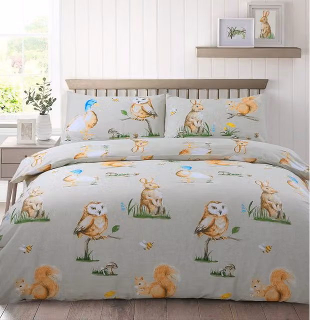 Velosso Country House Animals Watercolour Printed Duvet Cover and Pillowcase Set in Multicolour