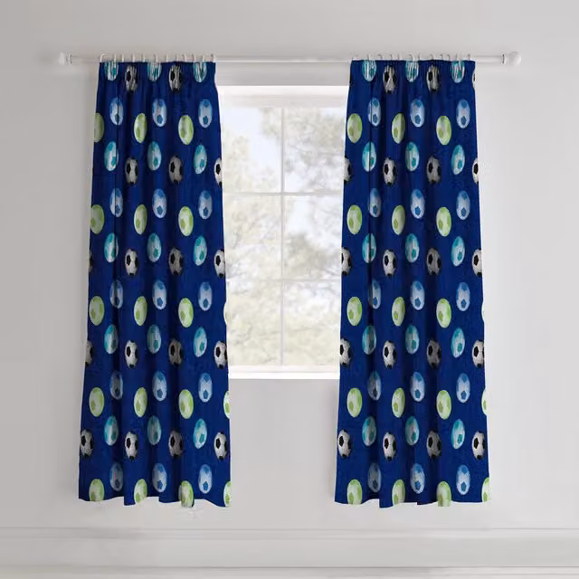 Catherine Lansfield Football Pencil Pleat Lined Curtains, Blue, Width: 167.64 cm, Height: 182.88 cm – 1