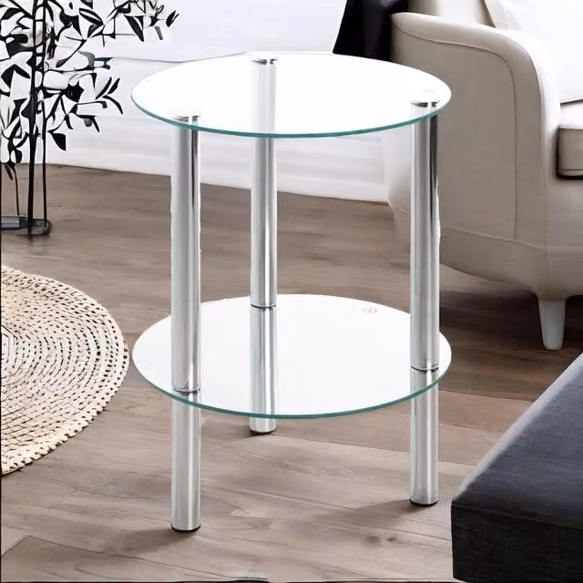 FURNOS 2-Tier Round Silver Side Table with Glass Top, W/D/H: 35 x 35 x 47 cm
