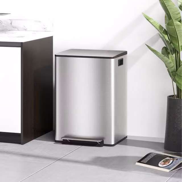 HOMCOM Double Stainless Steel Kitchen Pedal Bin with Soft Close Lid and Removable Inner Buckets, Silver, Height: 66.8 cm