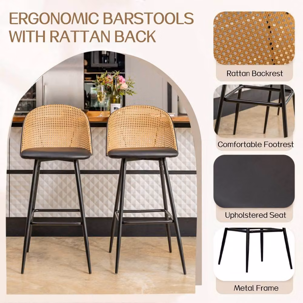 FURNITURE ONE Set of 2 Modern Black Swivel Bar Stools with Rattan and Metal Design – 4