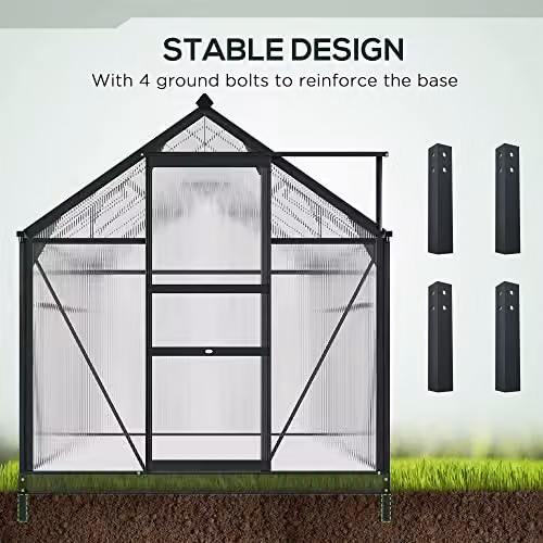 Outsunny Aluminium and Polycarbonate Walk-In Garden Greenhouse with Sliding Door, Grey and Transparent – 5