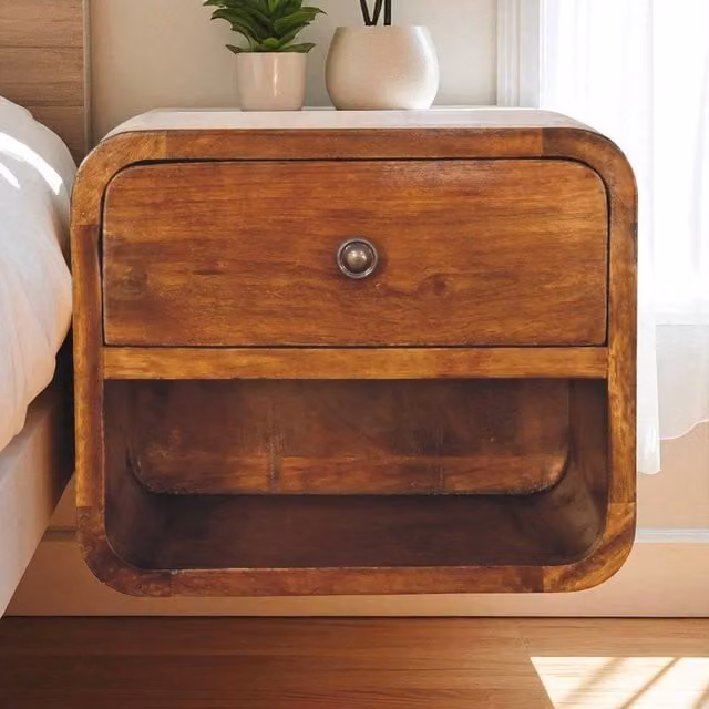 Direct Wicker Mini Curve Floating Bedside Table in Dark Brown with 1 Drawer and Open Slot, Made from Solid Mango Wood and Rattan