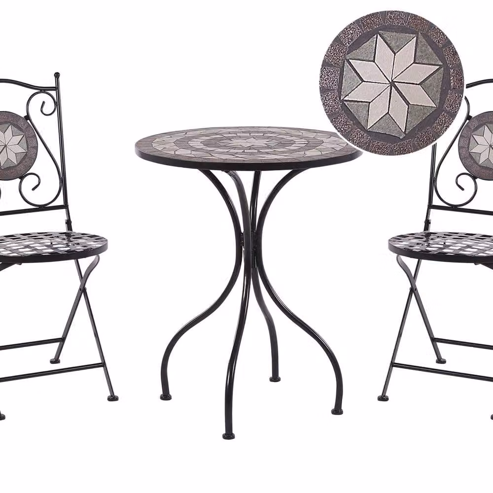Wyld and Coco Legacy Garden Bistro Set in Black Metal with Mosaic Ceramic Tile Top, W/D/H: 76.7 x 37.0 x 89.0 cm – 2