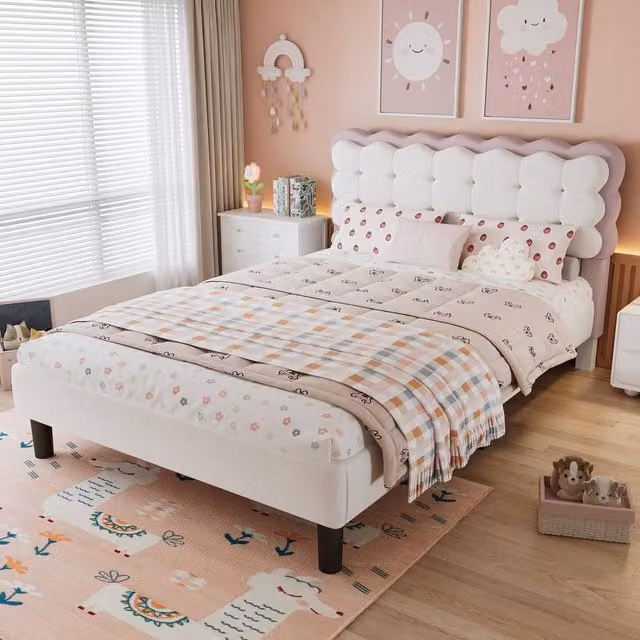 ModernLuxe Upholstered Velvet Kids Double Bed with Headboard in Beige, W/D/H: 140 x 190 x 109 cm