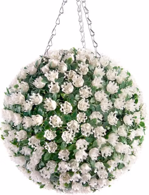 Best Artificial White Rose Hanging Basket Topiary Ball, Diameter: 28 cm