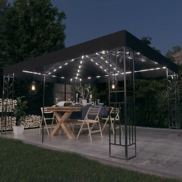 Berkfield Home Anthracite Gazebo with Double Roof and LED String Lights, W: 4 m, D: 3 m