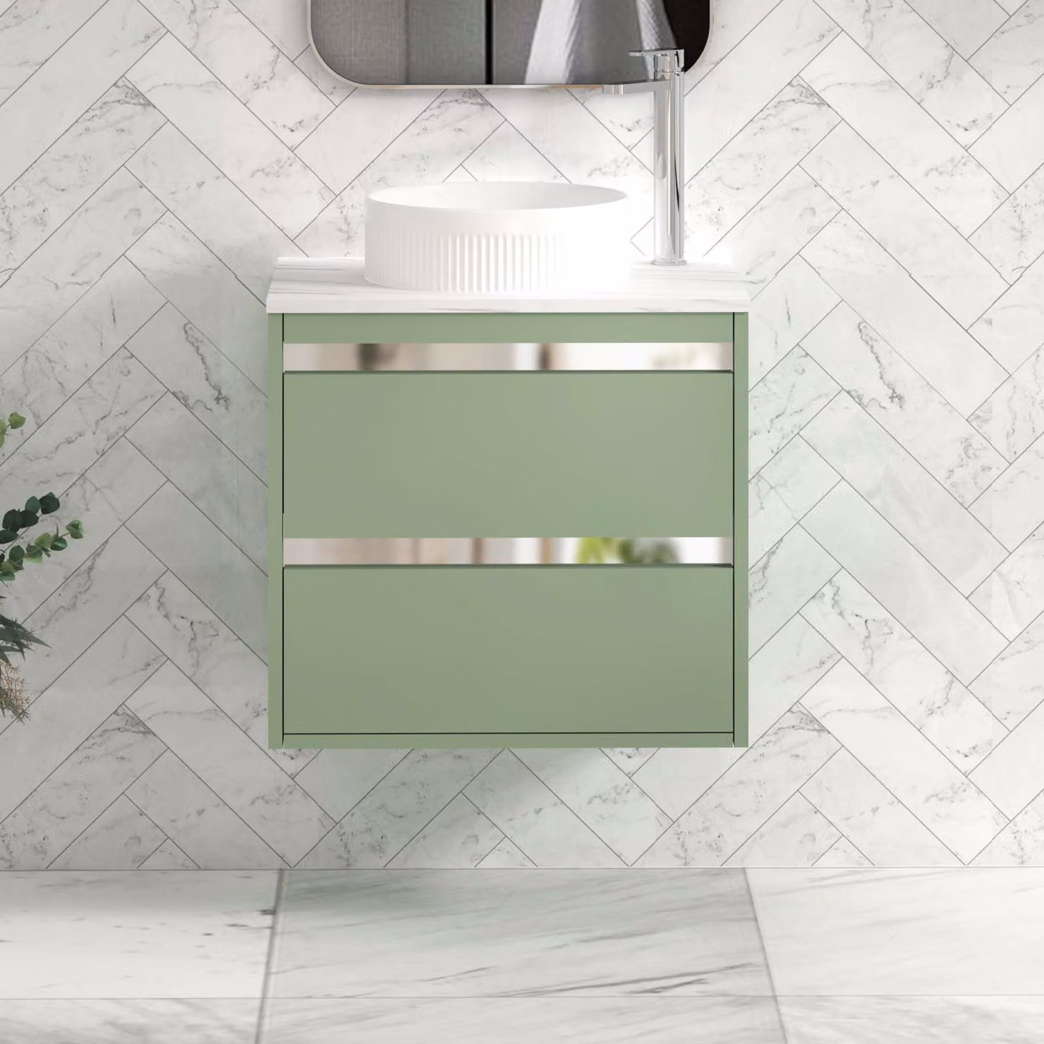 Royal Bathrooms Orion 600mm Wall Mounted Mint Sage Vanity Unit with 2 Drawers and White Round Basin