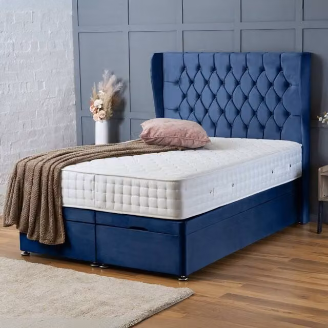 BSSPOKE Amelia Ottoman Divan Bed in Blue Plush Velvet with 54 inch Headboard, W/D/H: 140 x 200 cm