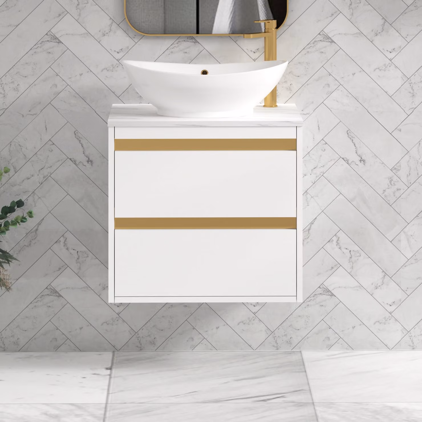 Royal Bathrooms Orion 600mm Matt White Wall Hung 2 Drawer Vanity Unit with Amaze Basin and Brushed Brass Accent Trim