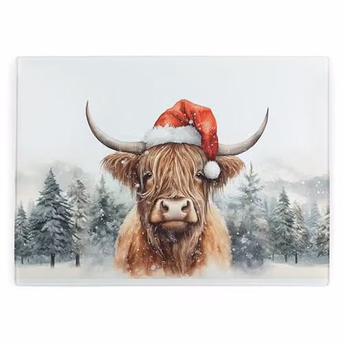 Purely Home Christmas Highland Cow Glass Rectangular Chopping Board with Non-Slip Feet, W: 38.8 cm, D: 28.5 cm