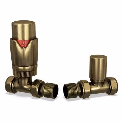 UK Radiators Stirling Bold Thermostatic Radiator Valve and Lockshield Corner Set in Antique Brass – 1