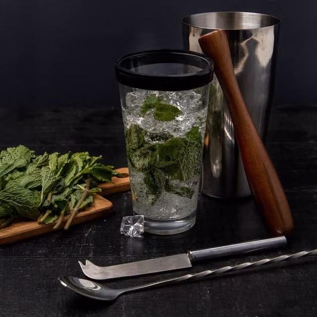 BarCraft Four Piece Stainless Steel Mojito Cocktail Set in Silver and Yellow