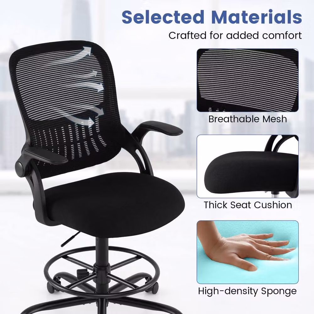 Costway Black Ergonomic Drafting Chair with Swivel, Armrests and Foot Ring – 4