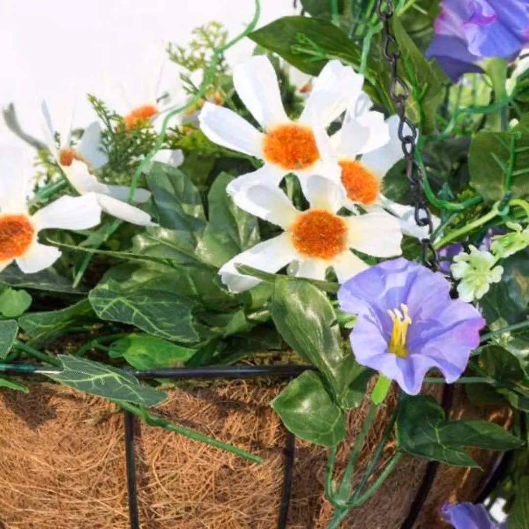 Primrose Pair of Artificial Purple and Multicolour Duranta Flowers Hanging Baskets with Solar Light, Diameter: 26 cm – 2