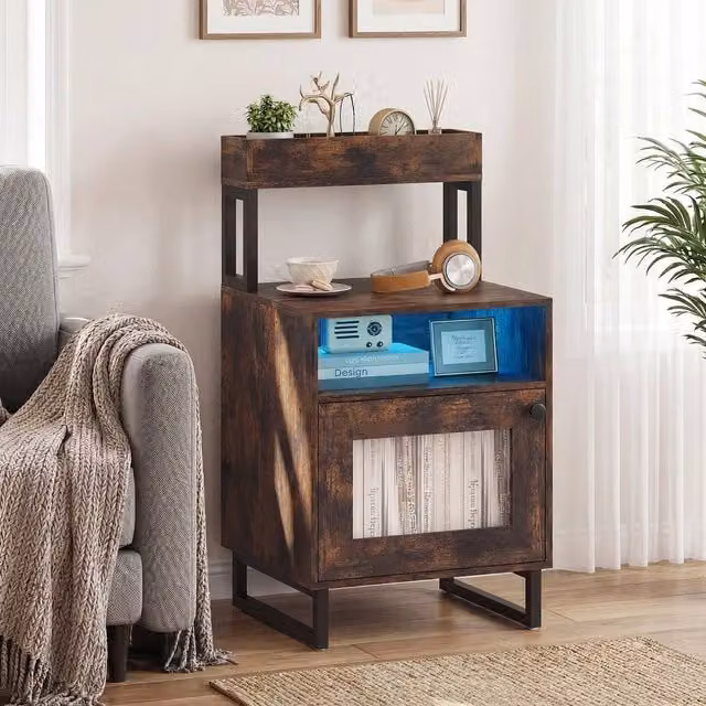 FORGEVIO Modern End Table with Integrated Lighting and Storage Cabinet in Brown