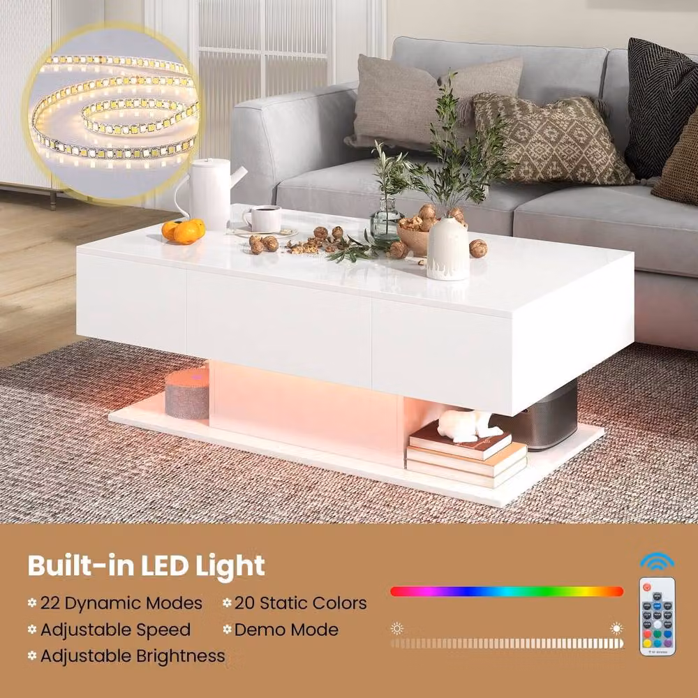 Gymax High Glossy 2-Tier Rectangular Coffee Table with LED Lights in White – 2