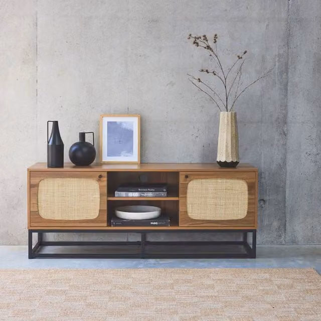 Sweekeet Retro TV Unit with Rounded Cane and 2 Doors in Light Brown, W: 140 cm, D: 40 cm, H: 55 cm