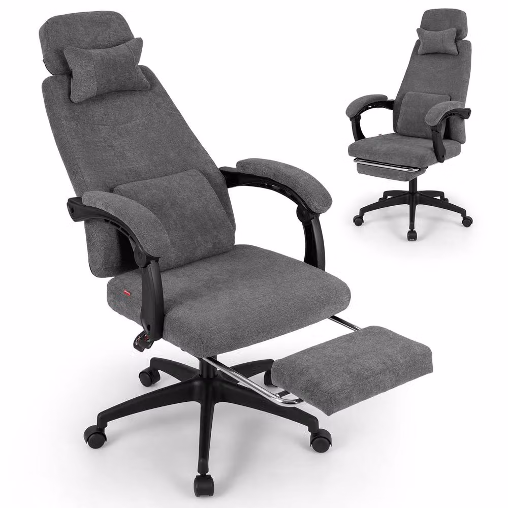 Costway Grey Chenille Fabric Upholstered Reclining Executive Office Chair with Headrest and Armrests – 3