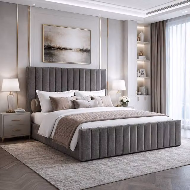 Harmin Luxury Double Ottoman Storage Bed Frame in Dark Grey Fabric, W/D/H: 140 x 200 x 146 cm