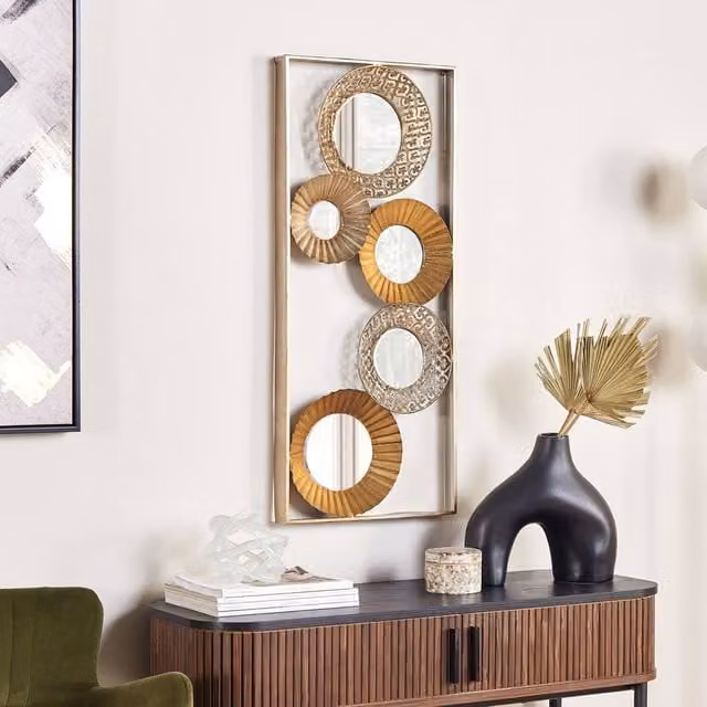 Wyld and Coco Five-Mirror Geometric Wall Art in Gold Metal and Glass, W/H: 90 x 39 cm